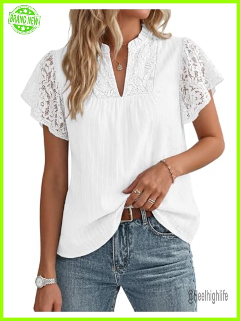 Womens Lace Short Sleeve V Neck Cotton Blouse Dressy Casual Flowy Top